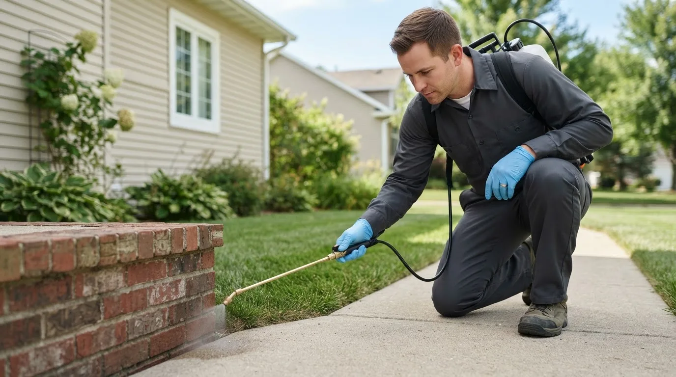 Pest control technician treating a home near Eddyville, IA
