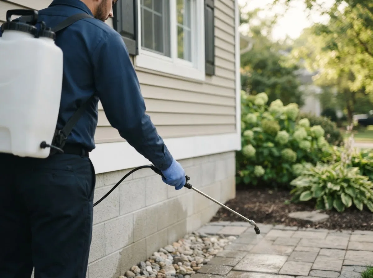 Pest control technician inspecting a home in Eddyville, IA